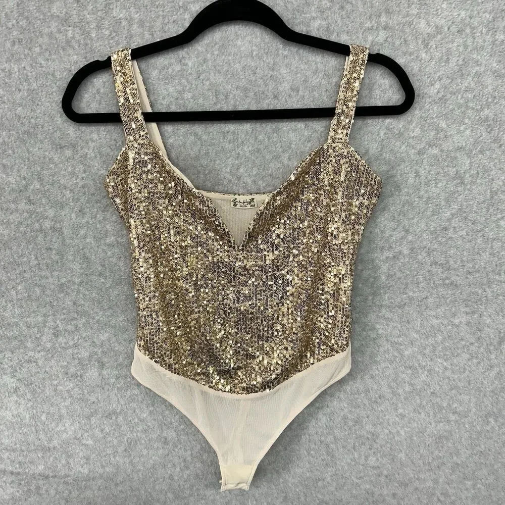 FREE PEOPLE Size Small intimately sparks fly sequin thong bodysuit in Gold